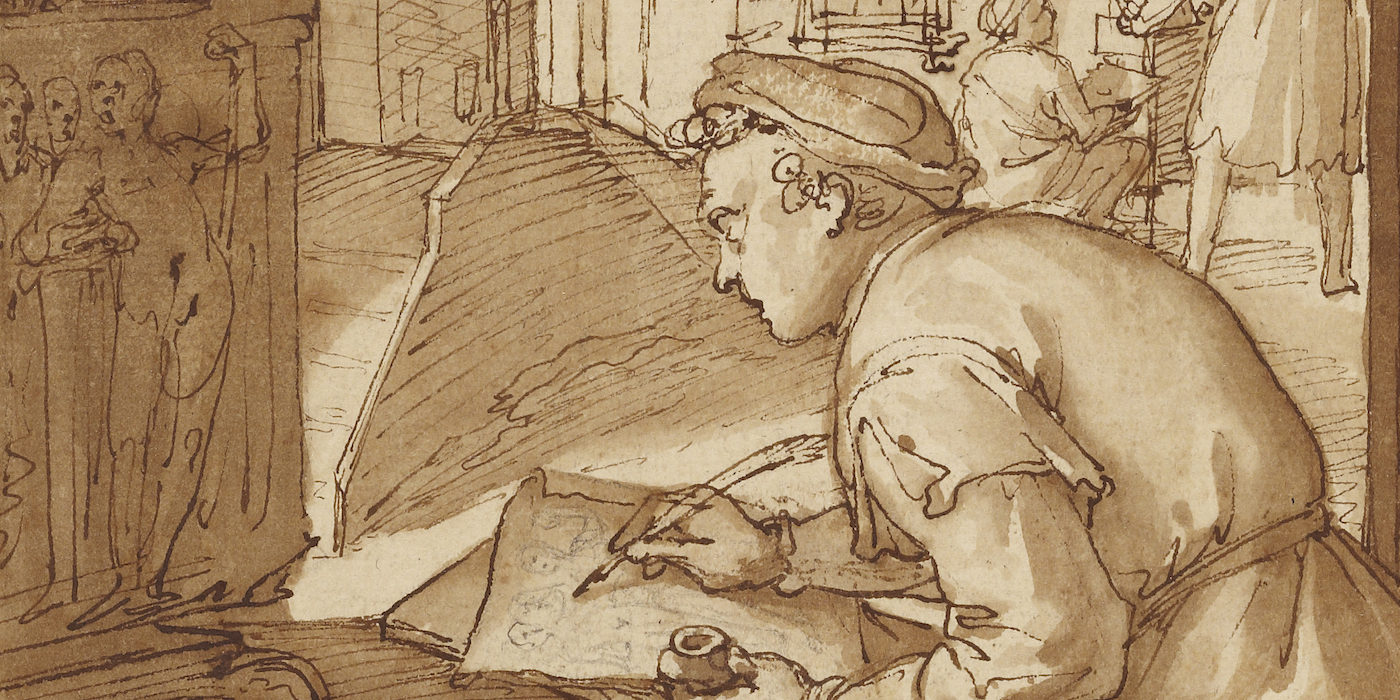 Ink drawing of a young man making a pen drawing of an antique sculpture with other artists in the background