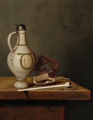 Jan Jansz van de Velde III, Still Life with Stoneware Jug and Pipe, 1650, oil on panel, 35.9 x 27.9 cm (14 1/8 x 11 in.). National Gallery of Art, Washington. The Lee and Juliet Folger Fund