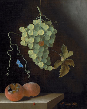 Adriaen Coorte, Still Life with a Hanging Bunch of Grapes, Two Medlars and a Common Blue Butterfly, 1687