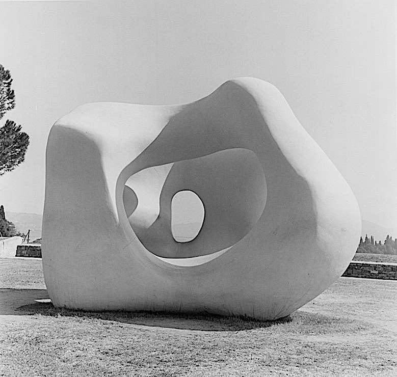 Black-and-white photograph of a Henry Moore sculpture, "Large Two Forms," in the Forte di Belvedere, Florence
