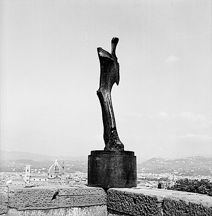 Black-and-white photograph of a Henry Moore working model for "Standing Figure: Knife Edge" in the Forte di Belvedere, Florence