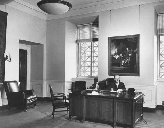 David Finley in his office at the National Gallery of Art. Finley was director of the National Gallery of Art from 1938-1956, and vice chairman of the Roberts Commission. National Gallery of Art, Washington, D.C., Gallery Archives 