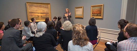 Mary Morton, curator and head of French paintings, National Gallery of Art, makes a presentation to the participants of Stepping Outside the Artist's Studio: Landscape and the Oil Sketch, c. 1780-1830, the Robert H. Smith Colloquy held on May 12, 2014.