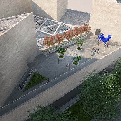 Rendering showing an aerial view of the new Sculpture Terrace of the National Gallery of Art East Building. Image by Hartman-Cox Architects