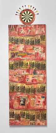 Jaune Quick-to-See Smith, I See Red: Target, 1992, mixed media on canvas, overall (three parts): 340.4 x 106.7 cm (134 x 42 in.). National Gallery of Art, Washington. Purchased with funds from Emily and Mitchell Rales 2020.6.1