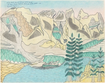 Joseph Yoakum, Briar Head Mtn of National Park Range of Bryce Canyon National Park near Hatch, Utah U.S.A., c. 1969, blue-black and black ballpoint pen and colored pencil on paper, National Gallery of Art, Washington, Gift of the Collectors Committee and the Donald and Nancy de Laski Fund