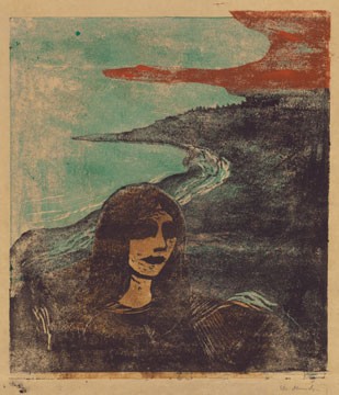 Edvard Munch, Girl's Head Against the Shore, 1899, color woodcut, Epstein Family Collection