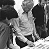 Ellsworth Kelly (center) studying a color chart with Mari Andrews, William B. Padien, Partick Foye, and Ken Farley, 1983