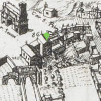 ST-Martina-essay-fig4 Black ink printed image of churches, arches, gardens, and other structures from a top-down view, with text labels and numbers