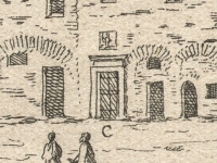 ST-Martina-essay-fig5 Detail of an engraved image printed on paper showing the street-facing sides of some buildings and small human figures walking