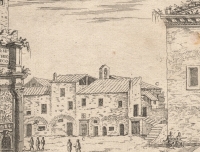 Detail of an engraved image printed on paper showing the street-facing sides of some buildings and small human figures walking