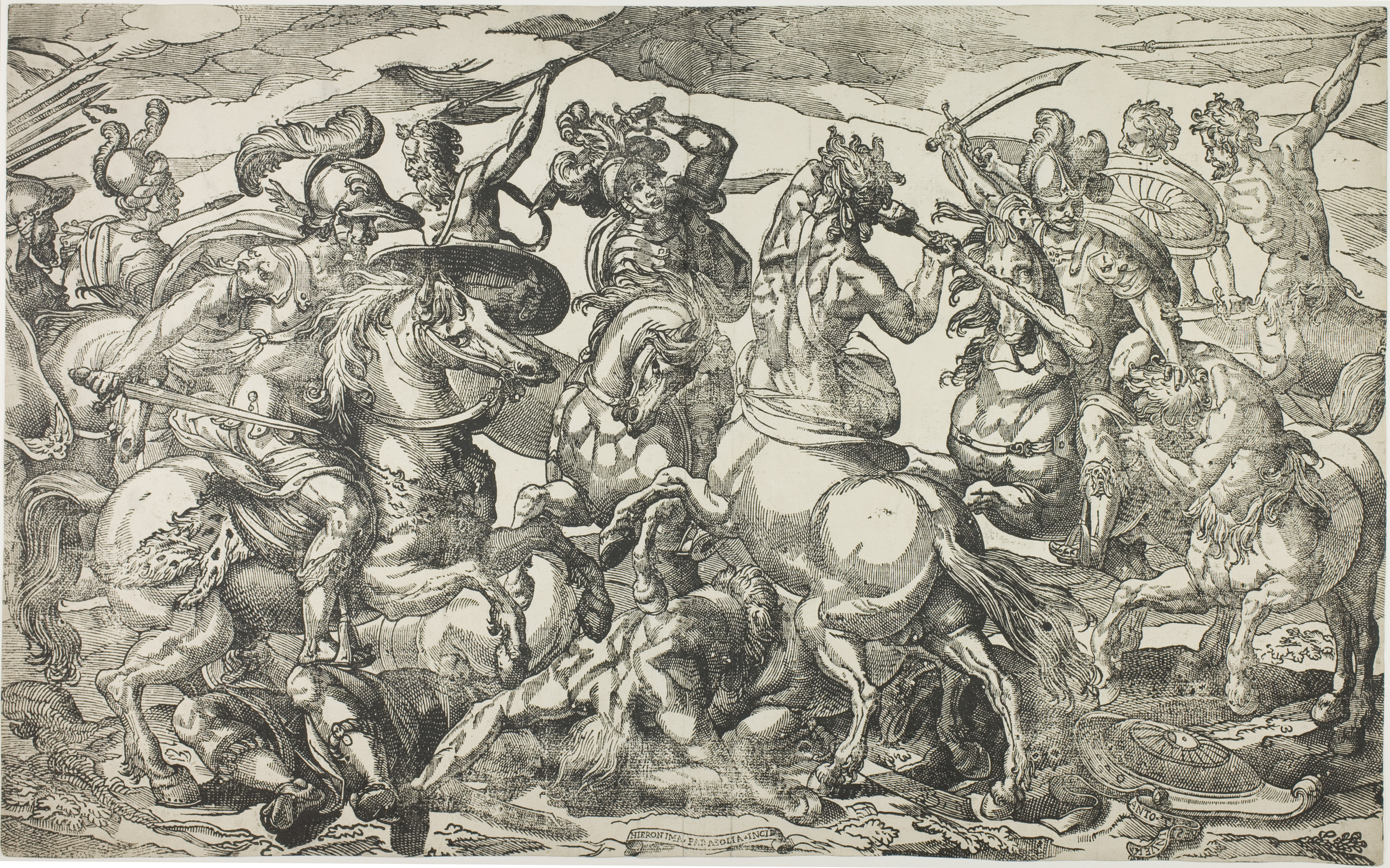 Four riders on horseback are charging at Centaurs swinging their swords. The Centaurs responds with their clubs. All the figures occupy most of the picture. This is a cropped version of figure 9 on this page.