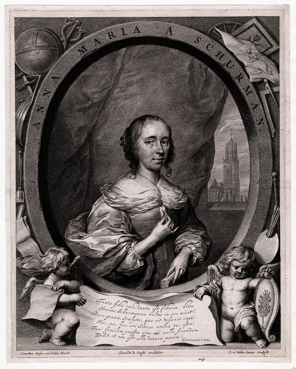 A woman standing with her head turned three-quarters to the left, looking straight forward with left hand up on the middle of her chest and right hand slightly down hold a book. An oval shape frames her with the name “Anna Maria A Schurman” on the top portion and with two babies, one on the bottom left and right, along with a globe and other objects around the frame representing science, the arts, literature, and music. A drape is behind her and in the background a building is off to the left.