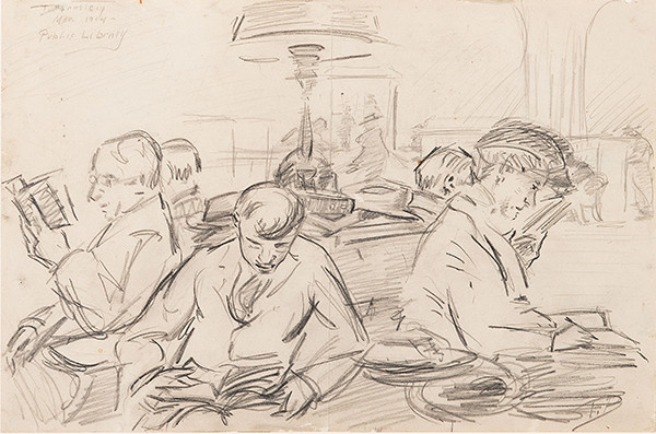 Pencil sketch of a library reading room with 5 seated men reading on all sides of a 5-sided chair, forming a pyramid shape. A lamp in the middle of the chair’s table and others are reading either standing up or sitting down behind them with shelves of books all around. 