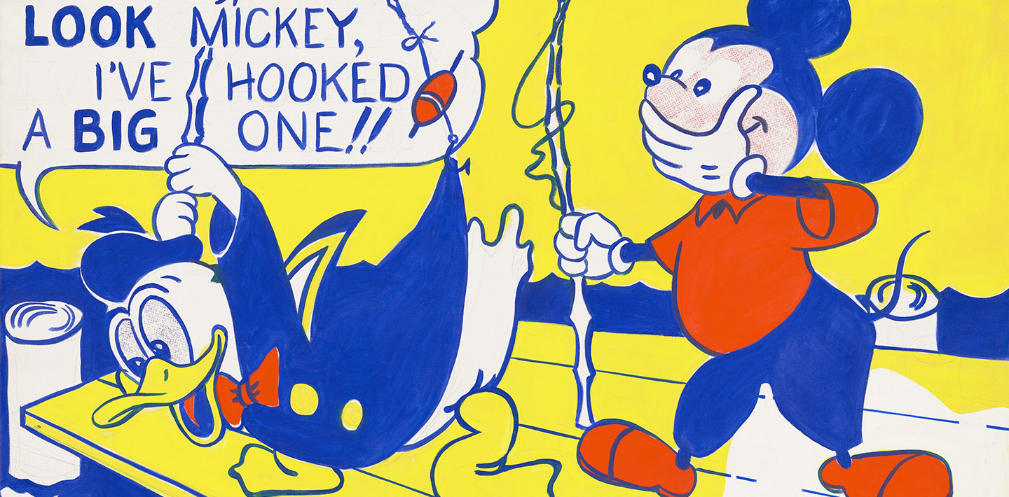 Cartoon characters Donald Duck and Mickey Mouse standing on a dock fishing. Donald Duck’s speech bubble reads, “Look Mickey, I’ve hooked a big one!!” 