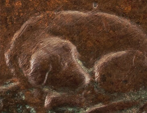 Cropped detail of dog in bottom right corner of engraving sitting at one of the men's legs