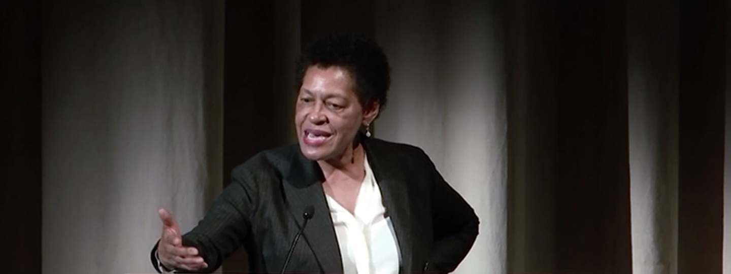Artists Carrie Mae Weems speaking at the National Gallery of Art in the East Building Auditorium
