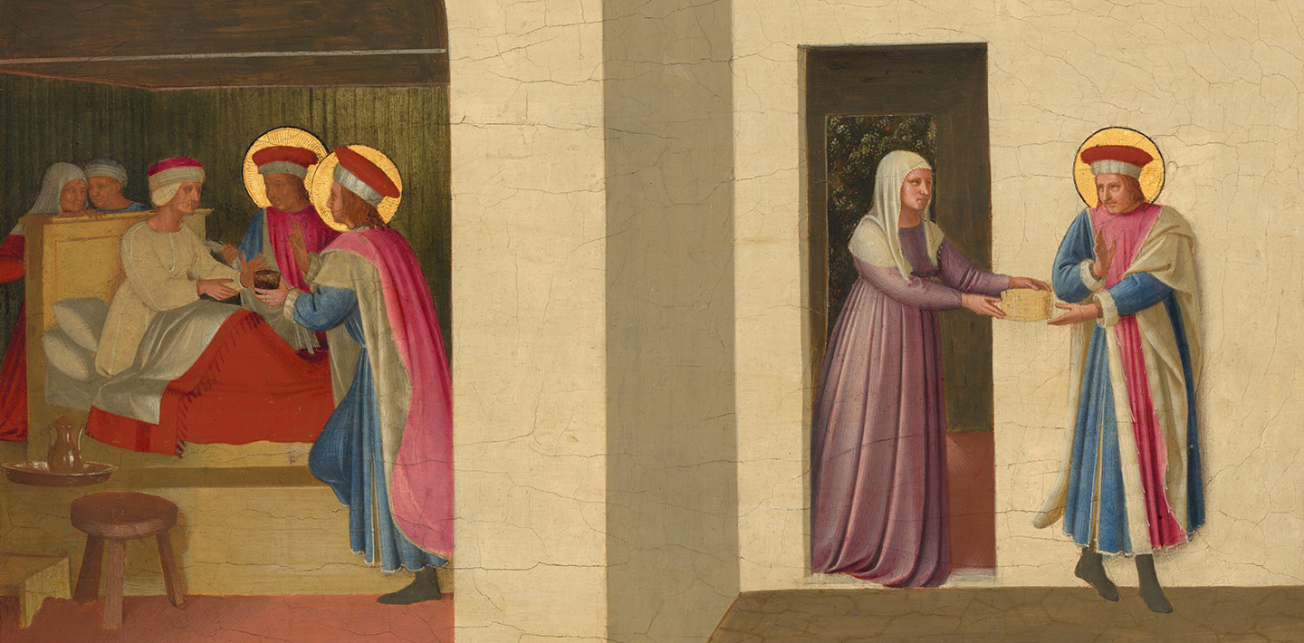 A painting showing the interior of a woman’s bedroom where a woman is sitting up in bed, being offered a cup by one of two saints with halos on their heads, and two women standing behind the headboard on the left. On the right, a woman is standing outside of her doorway handing a saint a giftbox, who has his body turned but is accepting the gift. 