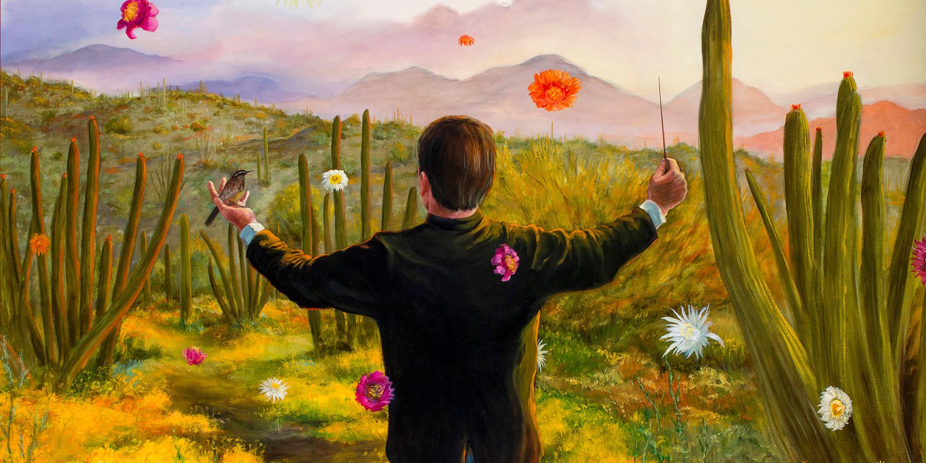 Native American artist Steven Yazzie, Orchestrating a Blooming Desert, 2003, painting, oil on canvas