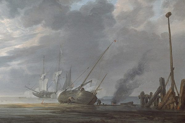 Cloudy scene with one ship at bay and one shipwrecked on the shoreline. Two sailers can be seen attending to the ship's damaged hull.