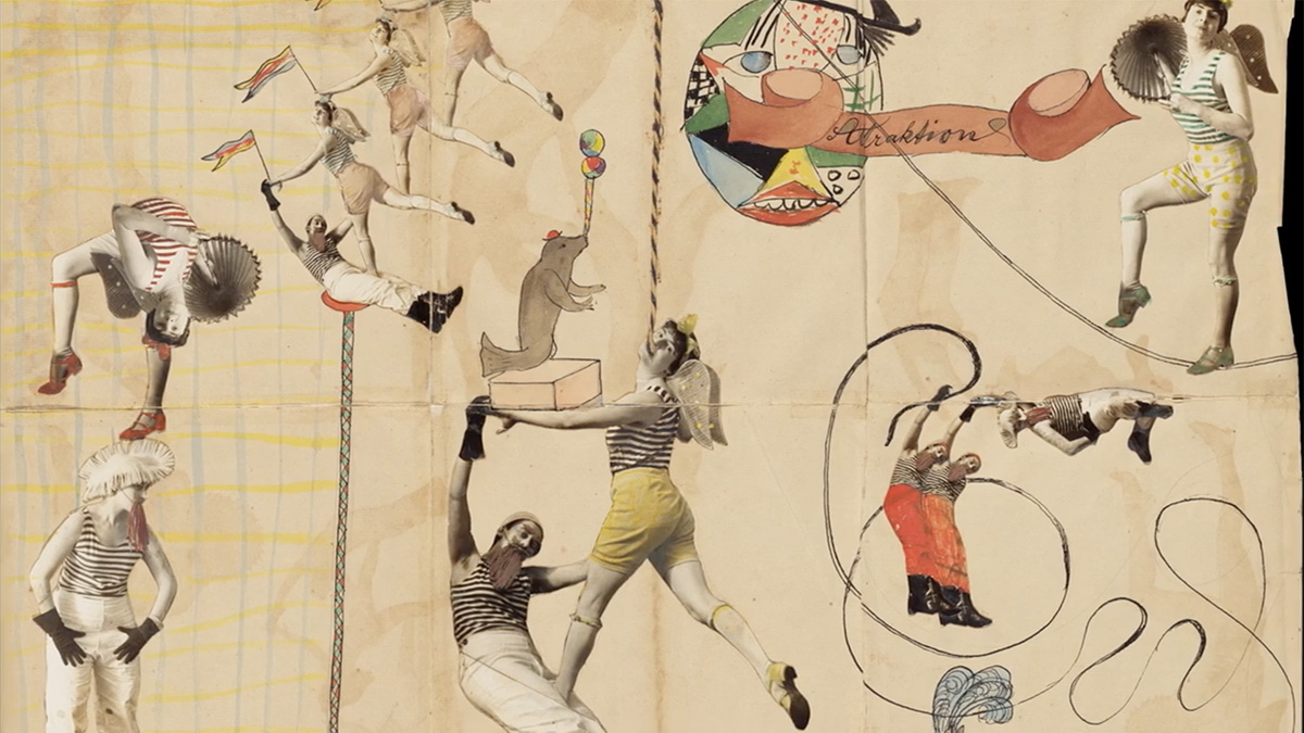 A combination of phtographs of acrobats superimposed in a colorful collage showing a circust-type scene. 