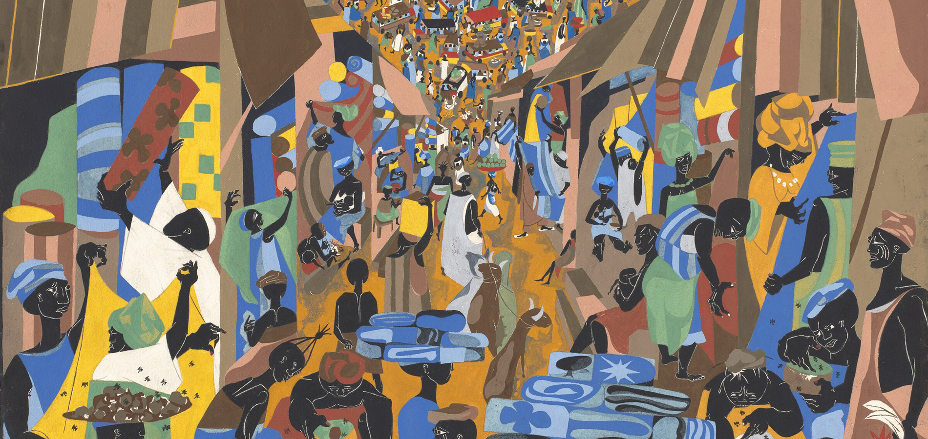Black artist Jacob Lawrence, Street to Mbari, painting, tempera over graphite on wove paper, National Gallery of Art, 1964