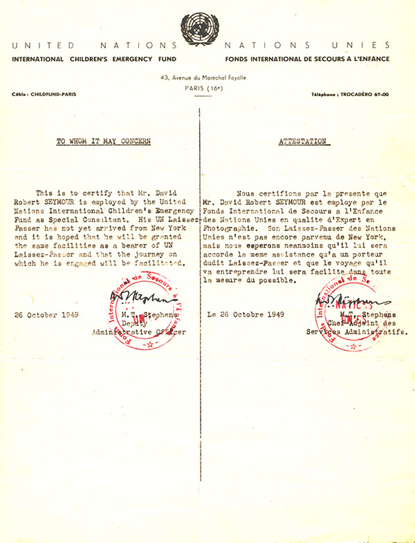 A letter from UNICEF certifying that Chim is employed as a special consultant, October 26, 1949, © Chim Archive