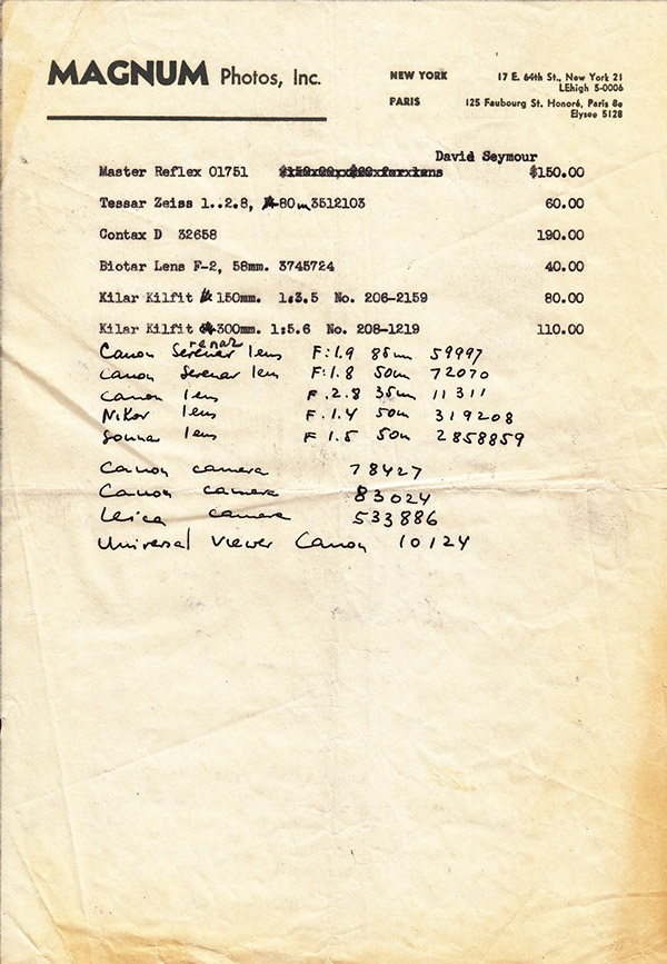 A list of Chim’s photo equipment, c. 1953, © Chim Archive