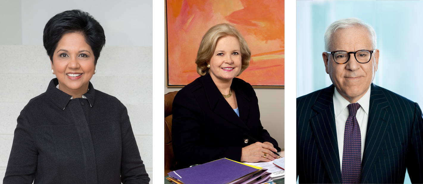 Left to right: Indra Nooyi (photo by Laurie Spens Photography); Sharon Rockefeller (photo credit: Cable Risdon); David Rubenstein (photo credit: Robert Severi)