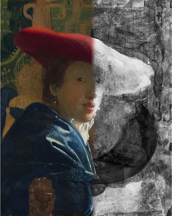 A composite image of a color photograph of Johannes Vermeer’s "Girl with the Red Hat" (c. 1669) with an infrared reflectance image. National Gallery of Art