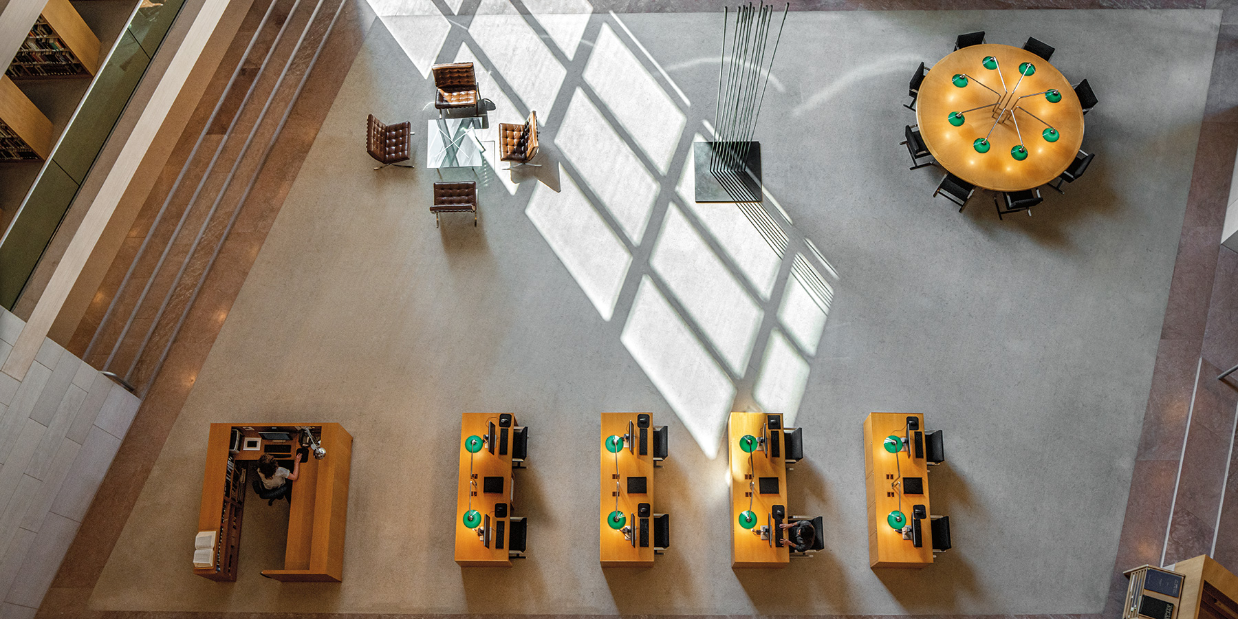 Overhead view of the Library study center in the atrium of the East Building of the National Gallery of Art.