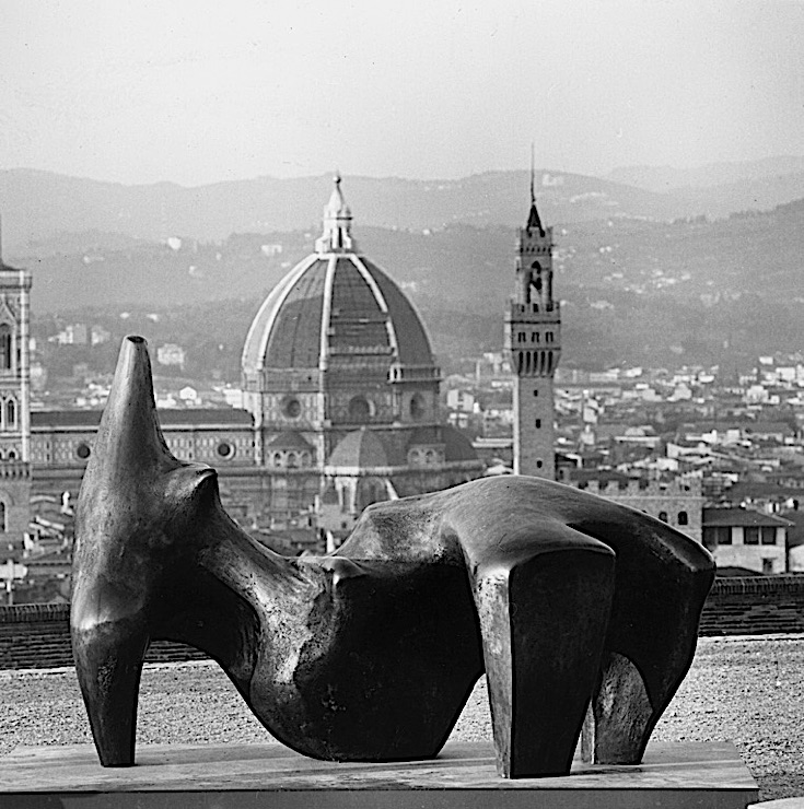 Black-and-white photograph of a Henry Moore sculpture, "Reclining Figure," in the Forte di Belvedere, Florence
