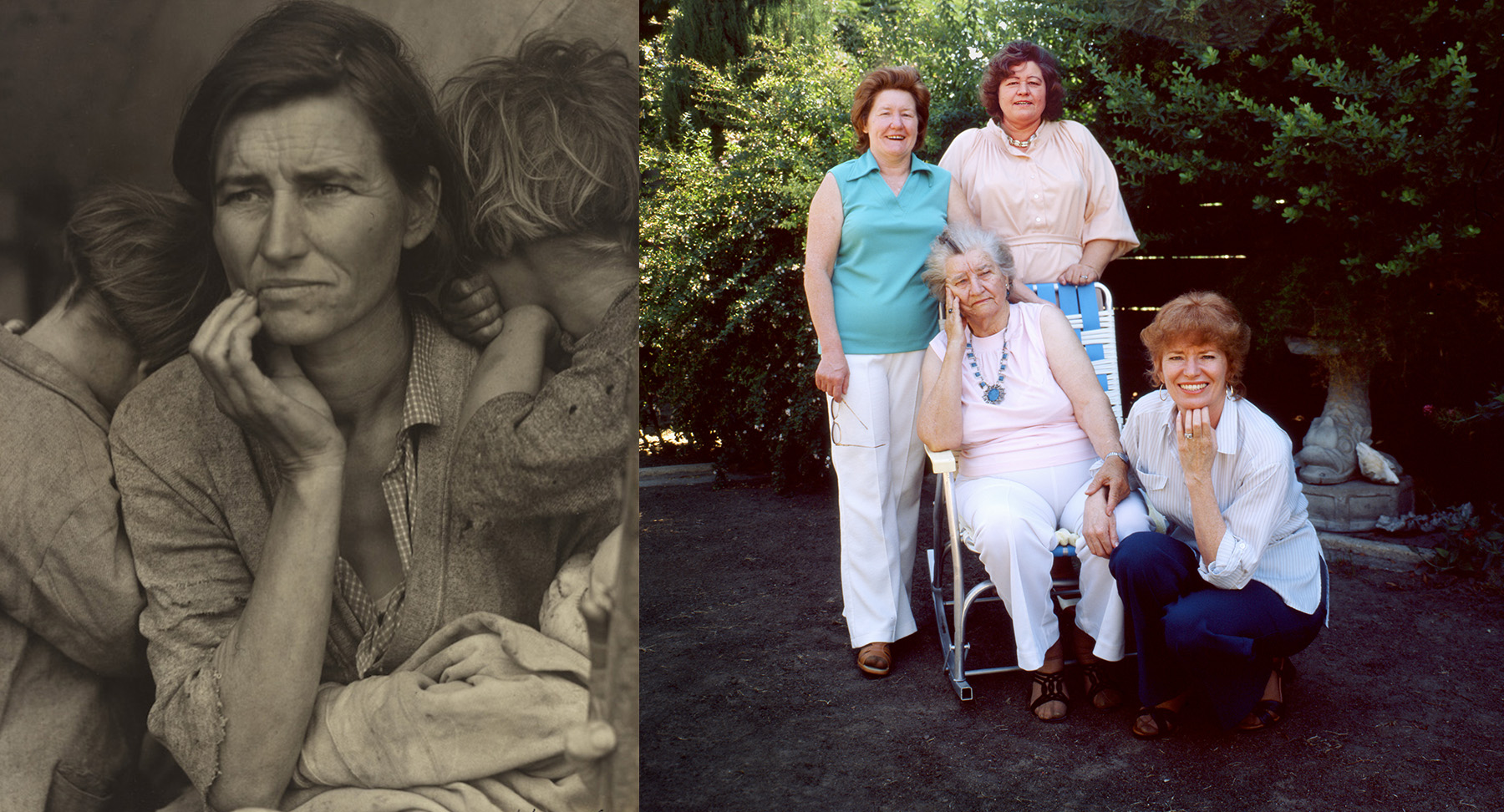 Dorothea Lange's photograph "Migrant Mother" on the left, Florence Owens Thompson with her family on the right