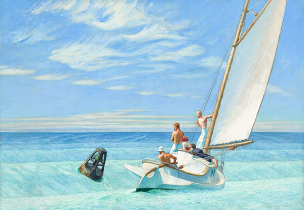 A sunny day with few clouds on a blue sky four young white men wearing white long-pants and one woman wearing blue long-pants and a red bikini top as she lays on the deck of the boat staring out at the rough waves the sailboat is navigating.