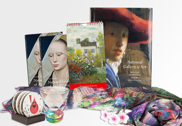 Photograph of a collection of National Galllery of Art related gifts, scarves, notebooks, calendars and books.