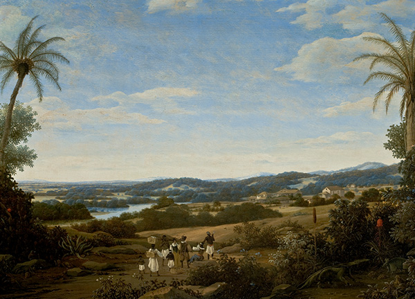 We see a view as if on a hill in this painting. There is a small crowd at the center of the painting and palms on either side