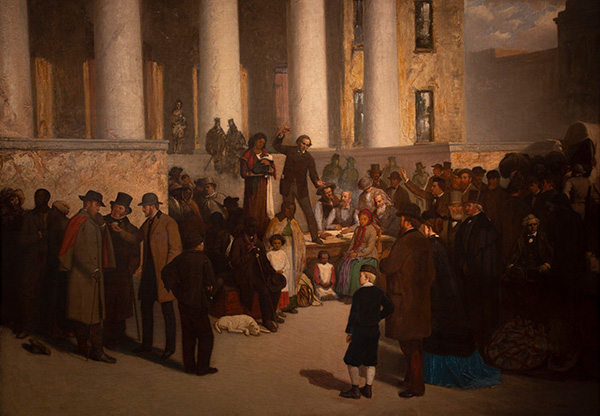 This is a dark painting of a crowded scene. A White man stands next to a Black woman on a podium at the center of the scene