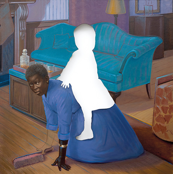 This is a painting of a Black woman bending down on the floor with a broom in her right hand. cut out of the painting is the shape of a child allowing us to see the white wall behind in a child like shape