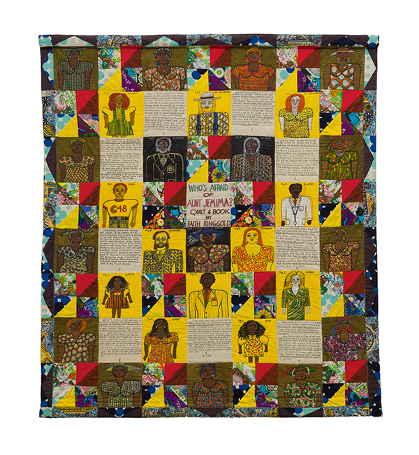 This is a brightly colored quilt with the phrase "Who's afraid of Aunt Jemima?" in the center. There are multiple people in the panels 