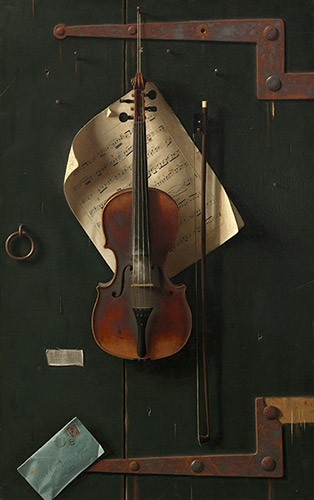 An old violin hanging from an old wooden door with large metal hinges. A sheet of music is hanging behind the violin and in the bottom left corner is an envelope.