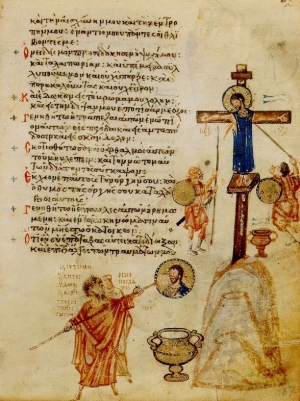 Iconoclasts whitewashing an image of Christ, Khludoff Psalter, 9th century, Moscow, Historical Museum