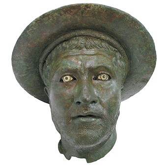 Unknown Artist (Hellenistic Bronze)  Portrait Head of a Man, 300-200 B.C.  bronze, copper, glass, and stone Hellenic Ministry of Culture, Education, and Religious Affairs, Archaeological Museum of Kalymnos, Greece