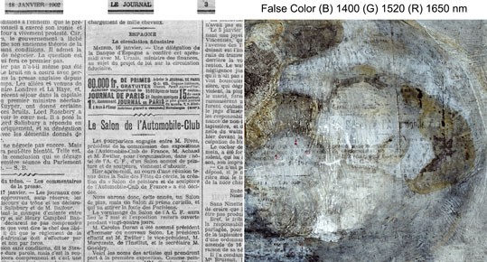 Infrared false color image of newspaper, John Delaney, National Gallery of Art, Washington, Keiko Imai, Pola Museum of Art. Source gallica.bnf.fr/BnF