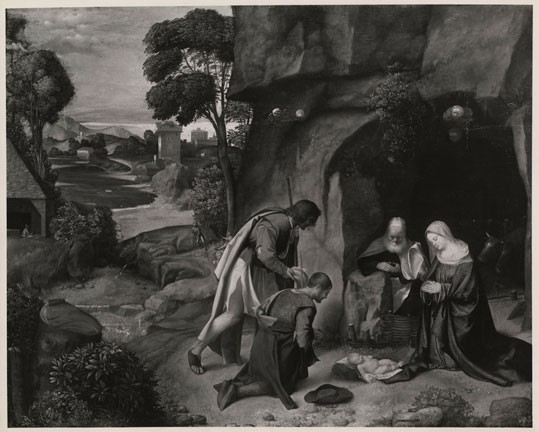 Unknown British photographer, Photo of Giorgione's The Adoration of the Shepherds (1505/1510) while in the collection of Lord Allendale, gelatin silver print, 1935. Department of Image Collections, National Gallery of Art Library