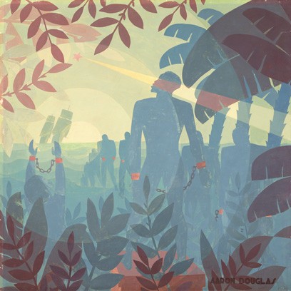 Aaron Douglas, "Into Bondage", 1936, oil on canvas, overall: 153.4 x 153.7 cm (60 3/8 x 60 1/2 in.), framed: 165.1 x 164.47 x 8.26 cm (65 x 64 3/4 x 3 1/4 in.), National Gallery of Art, Washington, Corcoran Collection (Museum Purchase and partial gift from Thurlow Evans Tibbs, Jr., The Evans-Tibbs Collection)