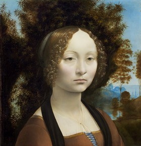 Leonardo da Vinci, Florentine, 1452 - 1519 Ginevra de' Benci [obverse], c. 1474/1478 oil on panel overall (original panel only): 38.1 x 37 cm (15 x 14 9/16 in.) overall (thickness of original panel): 1.1 cm (7/16 in.) overall (with addition at bottom edge): 42.7 x 37 cm (16 13/16 x 14 9/16 in.) overall (thickness of addition at bottom edge): 1.9 cm (3/4 in.) framed: 59.7 x 57.8 x 3.8 cm (23 1/2 x 22 3/4 x 1 1/2 in.) Ailsa Mellon Bruce Fund 1967.6.1.a