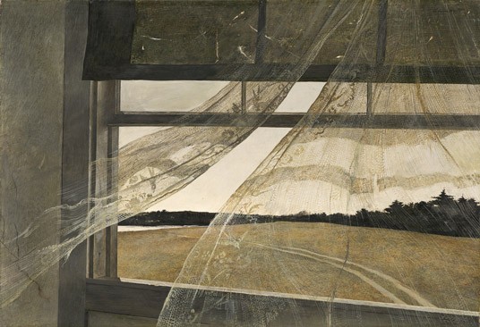 Andrew Wyeth "Wind from the Sea", 1947 tempera on hardboard overall: 47 x 70 cm (18 1/2 x 27 9/16 in.) framed: 66.4 x 89.5 x 7 cm (26 1/8 x 35 1/4 x 2 3/4 in.) Gift of Charles H. Morgan