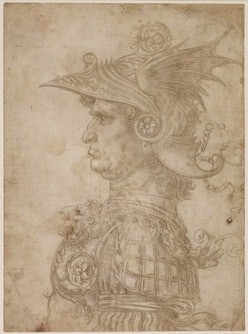 Leonardo da Vinci A Bust of a Warrior, c. 1475/1480 silverpoint on cream prepared paper sheet: 28.7 21.1 cm (11 5/16 8 5/16 in.) On loan from The British Museum, London © The Trustees of The British Museum, London