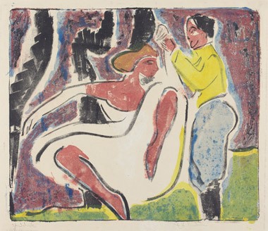 Ernst Ludwig Kirchner "Russian Dancers (Russisches Tänzerpaar)", 1909, lithograph in red, blue, yellow, and black on wove paper, overall: 42.3 x 49.6 cm (16 5/8 x 19 1/2 in.), Ruth and Jacob Kainen Collection