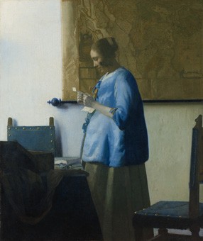 Johannes Vermeer, Woman in Blue Reading a Letter, c. 1663, oil on canvas, 46.6 x 39.1 cm (18 3/8 x 15 3/8 in.), Rijksmuseum. On loan from the City of Amsterdam (A. van der Hoop Bequest)